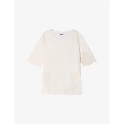 Sandro Womens Ecru Lace-detail Relaxed-fit Cotton T-shirt In White