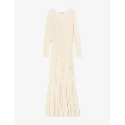 Sandro Womens Ecru Long-sleeve Flared Open-knit Maxi Dress In Neutral