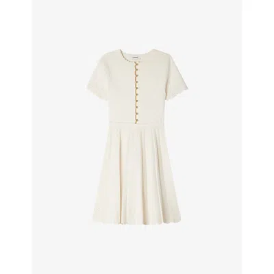 Sandro Womens  Pointelle-detail Scalloped-trim Stretch-knit Mini Dress In Neutral