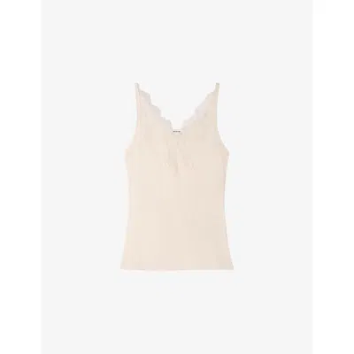Sandro Womens Ecru Ribbed Lace-embroidered Stretch-cotton Vest In Neutral