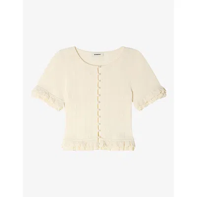 Sandro Womens  Short-sleeved Ruffled Knitted Cardigan In Neutral
