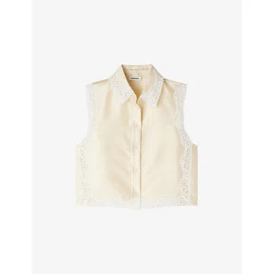 Sandro Womens  Sleeveless Lace-trim Satin Shirt In Neutral