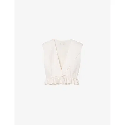 Sandro Womens Ecru V-neck Ruffle-hem Cropped Linen-blend Top In White