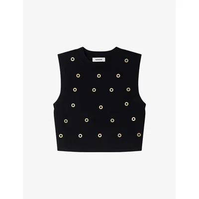 Sandro Womens Embellished Cropped Knitted Vest Top Black
