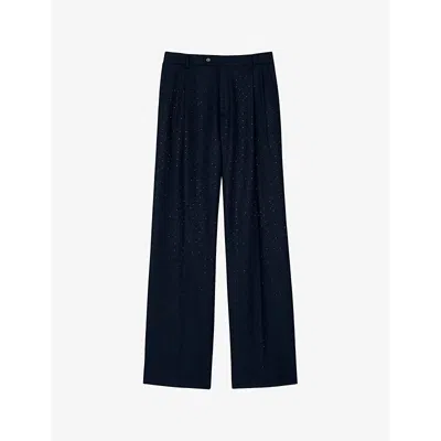 Sandro Womens  Embellished Straight-leg Wool Trousers In Noir / Gris
