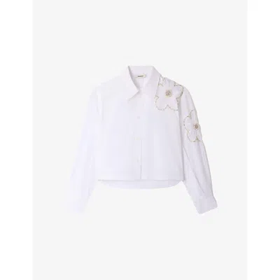 Sandro Womens Embroidered Cropped Cotton Shirt White / Blue