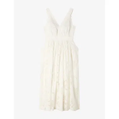 Sandro Womens Floral V-neck Cotton-blend Midi Dress Ecru