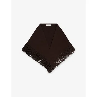 Sandro Womens Fringed Triangle Wool And Cashmere Scarf Brown In Black