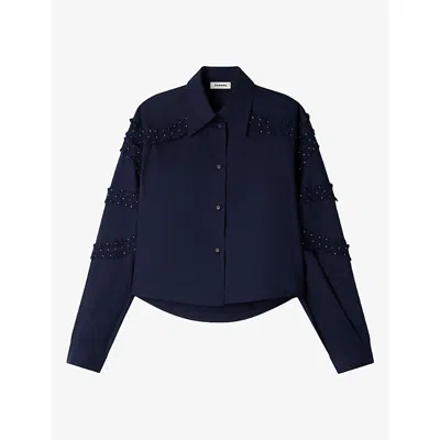 Sandro Womens Gathered Crystal-embellished Cotton Shirt Navy Blue