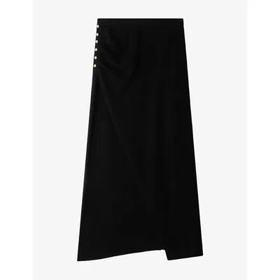 Sandro Womens Gathered Pressed-stud Wool And Cashmere-blend Midi Skirt Black