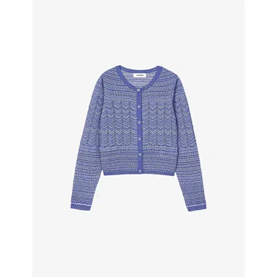 SANDRO WOMENS GLITTER-THREAD CROPPED KNITTED CARDIGAN BLEUS