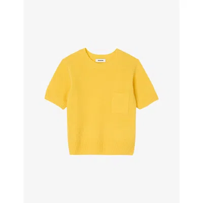 SANDRO WOMENS GOLD YELLOW LOGO-EMBROIDERED SHORT-SLEEVE WOOL JUMPER