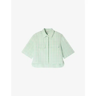 Sandro Womens  Check-print Cropped Cotton Shirt In Green