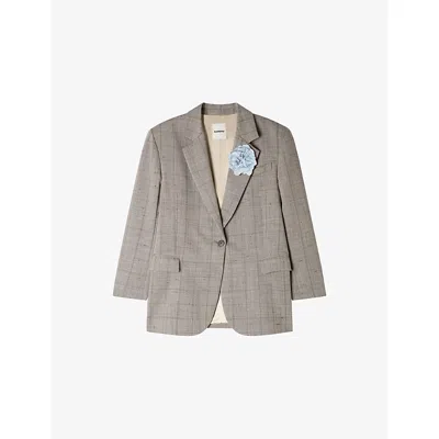 Sandro Womens Greige Checked Flower-brooch Wool-blend Jacket In Gray