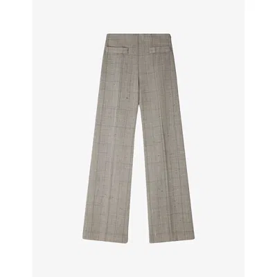 Sandro Womens Greige Wide-leg Check-print Wool-blend Trousers In Gray