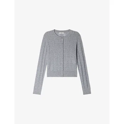 Sandro Womens Grey Pointelle Knitted Wool Cardigan In Gray