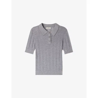 Sandro Womens Grey Polo-neck Pointelle-knit Wool Jumper In Gray