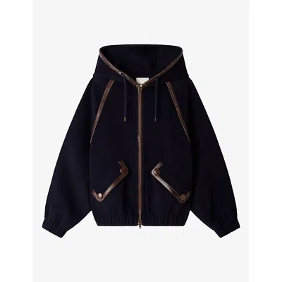Sandro Womens Hooded Leather-trim Double-faced Wool Coat Navy Blue