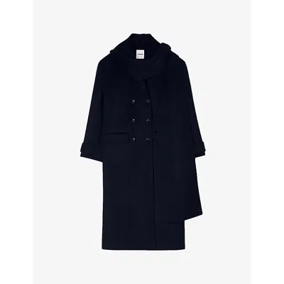 Sandro Womens  Integrated-scarf Relaxed-fit Wool Coat In Noir / Gris