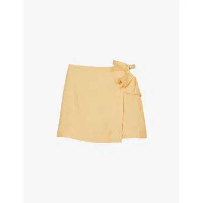 Sandro Womens Jaunes / Oranges Ruffle-detail Wrap Linen-blend Mini Skirt