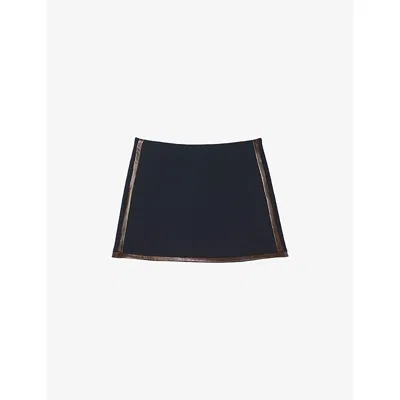 Sandro Womens Navy Blue Leather-trim High-waist Stretch-woven Mini Skirt In Black