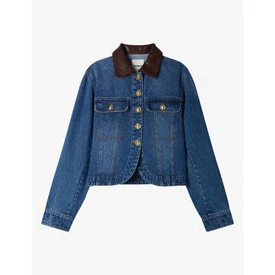 Sandro Womens Leather-collar Denim Jacket Blue Jean