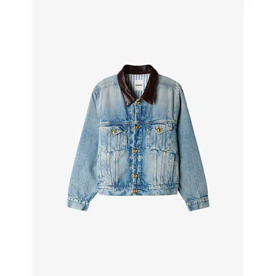 Sandro Womens Leather-collar Faded Denim Jacket Blue Jean