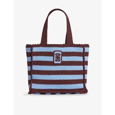 Sandro Womens Striped Branded Crochet Tote Bag Light Blue / Brown