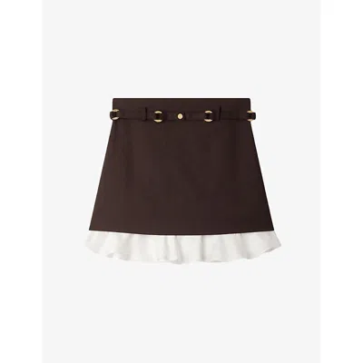 Sandro Womens Light Brown Belted Frill-hem Stretch Wool-blend Mini Skirt