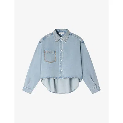 Sandro Womens Light Bu Jean Rhinestone-trim Cropped Denim Shirt In Multi