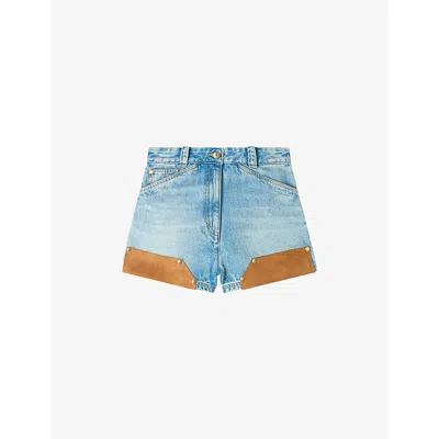 Sandro Womens Light Bu Jean Riveted High-rise Suede And Denim Shorts In Blue