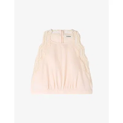 Sandro Womens Light Pink Contrast-trim Cropped Cotton Top