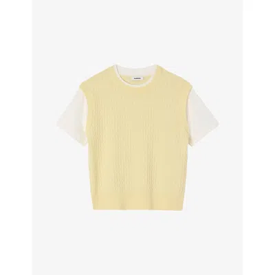 Sandro Womens Light Yellow Layered Short-sleeve Knitted Jumper