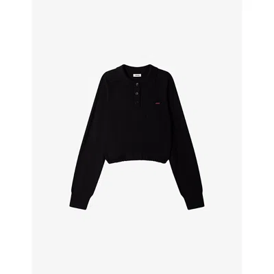 Sandro Womens Long-sleeved Branded Wool-blend Polo Shirt Black