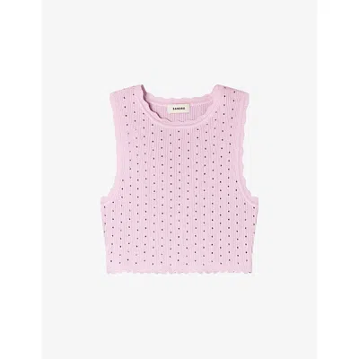Sandro Womens Mauve Rhinestone-embellished Cropped Knitted Top In Pink