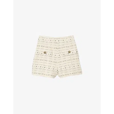 SANDRO WOMENS NATURELS BUTTON-EMBELLISHED HIGH-RISE TWEED SHORTS