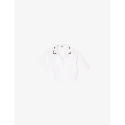 SANDRO WOMENS NATURELS CROCHET-COLLAR RELAXED-FIT CROPPED COTTON SHIRT