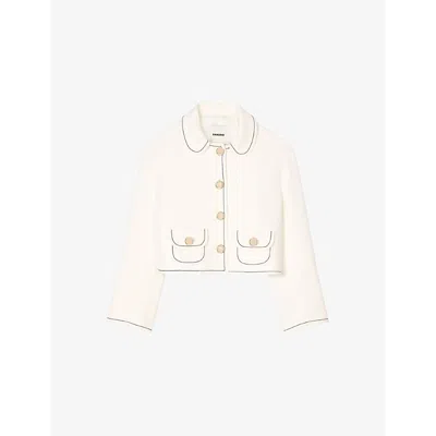 Sandro Womens Naturels Cropped Contrast-stitching Stretch-woven Jacket