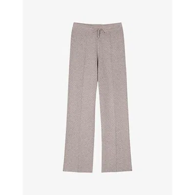 Sandro Womens Naturels Drawstring-waistband Rhinestone-embellishment Straight-leg Mid-rise Knitted Trousers In Naturels