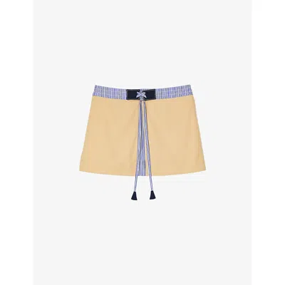 Sandro Womens Naturels Dual-material Elasticated-waist Cotton Mini Skirt