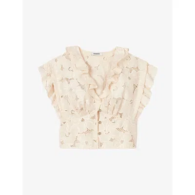 Sandro Womens Naturels Frill-trim Lace-embroidered Cotton-blend Top In Ecru