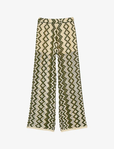 Sandro Womens Naturels Geometric-print Straight-leg Mid-rise Cotton-blend Trousers