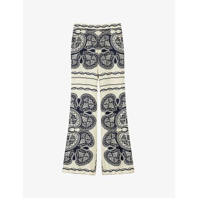 Sandro Womens Naturels Graphic-print Wide-leg Mid-rise Satin Trousers In Beige Navy