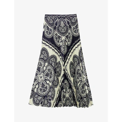 Sandro Womens Naturels Henne Bandana-pattern Pleated Woven Maxi Skirt In Beige Navy
