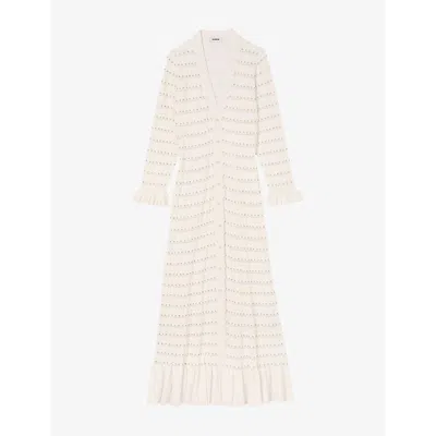 Sandro Womens Naturels Long-sleeve V-neck Pointelle-knit Maxi Dress