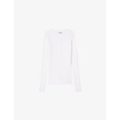 Sandro Womens  Long-sleeved Ribbed Cotton-blend Top In Naturels