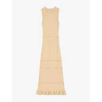Sandro Womens Round-neck Frill-embroidered Knitted Maxi Dress Naturels