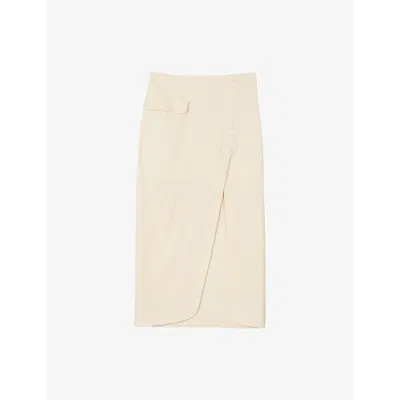 SANDRO WOMENS NATURELS SIDE-BUTTON SPLIT-HEM LINEN-BLEND MIDI SKIRT