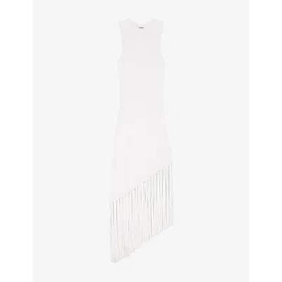 SANDRO WOMENS NATURELS SLEEVELESS FRINGED-HEM KNITTED MIDI DRESS