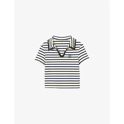 Sandro Womens Naturels Striped Open-collar Cotton Polo Shirt In Ecru/navy